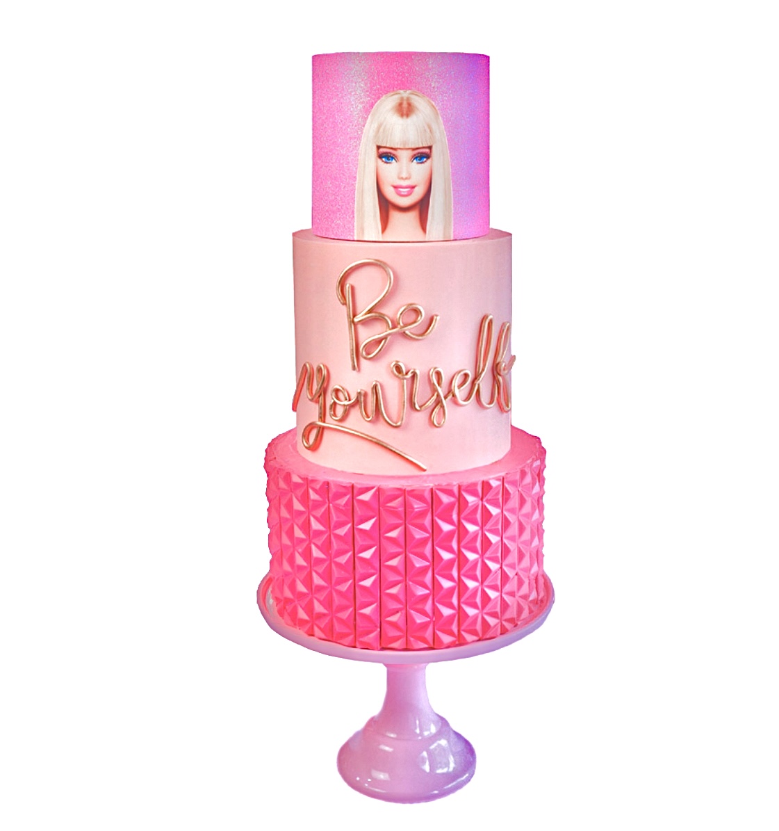 Pastel de Barbie 3 pisos con cara de Barbie , frase be your self y  texturisado 