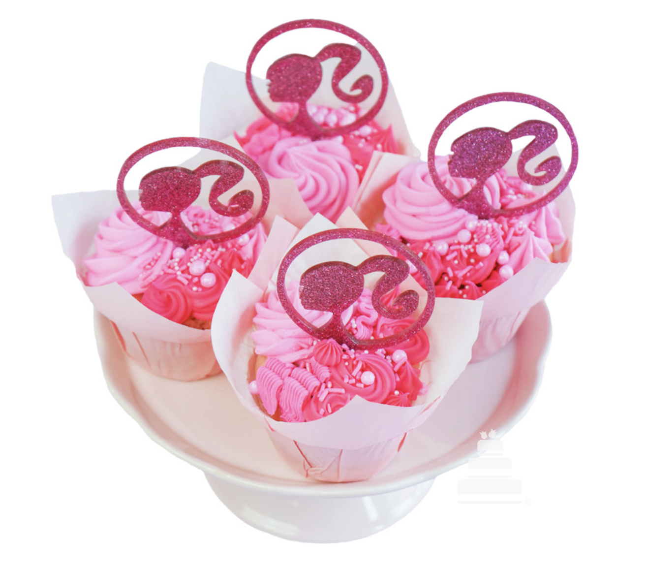 Cup cakes color rosa y con el logo de Barbie 